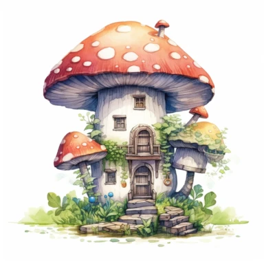 watercolor, hyper realistic, white background, white margins, 16k, ultra detailed clipart, cut out image, hand-drawn, whimsical manhwa style, ultra HD, sharp and clean art mushroom transformed into a cozy dwelling. The stem can serve as the base of the house, while the cap forms the roof, complete with windows and a charming door. Add details like chimney smoke or decorative elements for a magical touch.