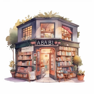 Bookstore,cute bookstor,muted colors,clipart on a white background, an illustration of by Annabel Kidston, shutterstock contest winner, generative art, detailed painting, digital illustration,photoillustration isolated on white background, digital watercolor,dark outline,high quality,8k