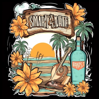 Retro Western Clipart,Coconut trees, flowers, waves, surfboards, sunWestern Boho