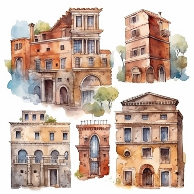 Watercolor ancient rome , illustrations clipart set, simple, amphiteatre and other architectural buildings , cartoon elements, different variants , separate elements with a margin