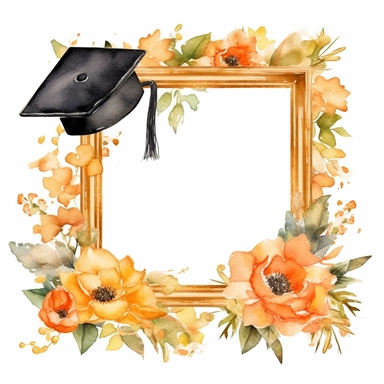 large golden frame with graduation caps and flowers, watercolor style, clipart, painterly touch