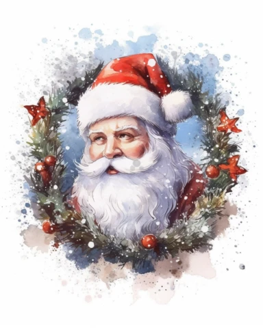 create a high quality watercolor clipart of a santa claus wreath on the white background. The image needs to be high resolution