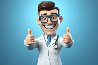 Unique and eye-catching 3D render of a cartoon doctor with glasses, displaying a thumbs up gesture. Isolated on a blue background, this medical clip art conveys the concept of the best choice and health care recommendations in a visually appealing manner , Transparent white background, png, stock photo, high resolution,