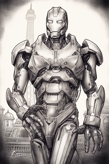 a black and white sketch of a robot, in the style of iron man, drawn like clip art with a strong and detailed feeling of liberty and art nouveau, floating above the eiffel tower in paris
