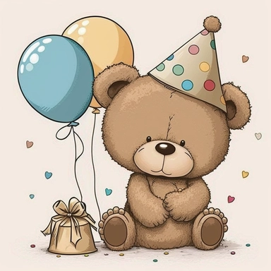 clipart drawings of a illustrative teddy bear sitting on the ground with cute pointy birthday hat on holding a string attached to balloons, cute, vector art