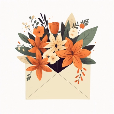 create a clipart cartoon featuring an open envelope with an aesthetic flower bouquet, minimalist, white background