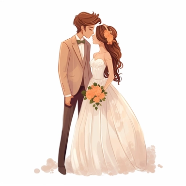 Cute cartoon wedding bride and groom vector, clipart, white background, in the style of elegant realism, muted and subtle tones, detailed painting, transparency and lightness, light orange and dark bronze