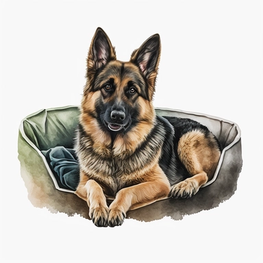 german shepherd dog lying in a dog bed, watercolor clipart, transparent background