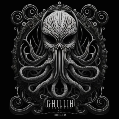 HR Giger Cthulhu : black and white line art, white background, flat, single image clipart style