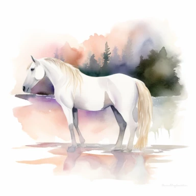 A clipart that shows a majestic horse in a graceful pose on a white background. The horse's body is elegantly curved to emphasize its beauty and grace. It may be standing on a slight hill or in an idyllic landscape. The water colors give the clipart a soft and flowing look. The colors can be soft and pastel to create a calm atmosphere. Use different shades of blue for the background to create a natural water or sky look. The contours of the horse are subtle and well defined to clearly show its s