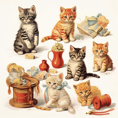 Endearing kitten clipart, displaying an array of adorable kittens in playful and curious poses, accompanied by various cat toys and accessories in the style of henry moret