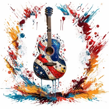 An acoustic guitar painted in stars and stripes, representing music and festivities, isolated on a white background, abstract expressionist style, clipart,