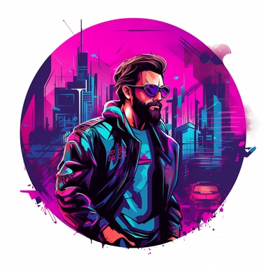 futuristic action shot of a Nouveau beard man around mix of cyber city, synth pop and synthwave,Future Funk, Electric Avenue t-shirt vector design enclosed in circle clipart graphic with white background 8k