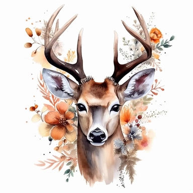 Cute Beautiful Deer Buck Floral Watercolor Sublimation Clipart, Cartoon,hyper realistic, intricate detail, illustration style,high solution,on the white background