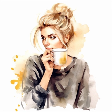 Watercolor modern blonde girl with a messy hair bun having coffee, watercolor digital clipart, high quality, 32k, no image noise, isolated on a white background