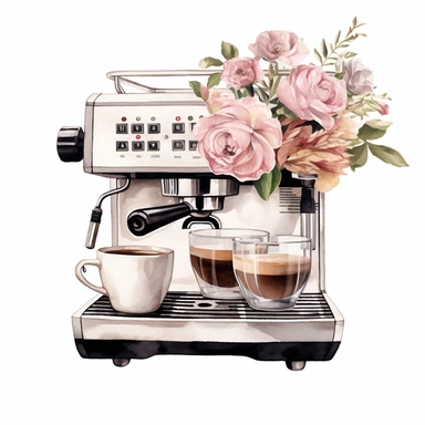 big espresso machine, cup of coffees, flower digital clipart on white background