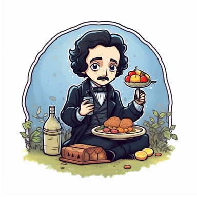 whimsical, cute, cartoon, clipart, edgar allen poe having a picnic, sticker