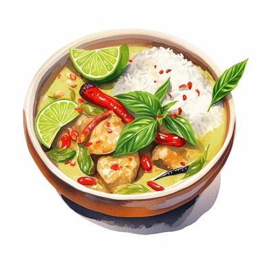 watercolor, hyper realistic, white background, white margins, 16k, ultra detailed clipart, cut out image, hand-drawn a spicy Thai green curry with chicken, served in a ceramic bowl with a side of steamed rice, and garnished with basil leaves, chili peppers, and lime wedges, in the style of nightcore, multilayered realism, ricoh ff-9d, light gray and light brown, mushroomcore, dark red and green, heavy shading