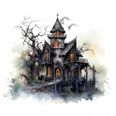 Isolated clipart image of a spooky gothic house with intricate architectural details, twisted spires, and looming shadows, each house unique in its design, showcasing different elements like pointed windows, wrought - iron gates, and weathered stone walls, surrounded by a foggy atmosphere that adds a sense of mystery and intrigue, watercolor painting, delicate brushstrokes capturing the eerie charm,