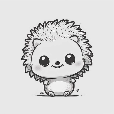 Smiling baby hedgehog anime style white background , thick outline , Create a sketch of a black and white  Cute and adorable cartoon it , fantasy, dreamlike, surrealism, super cute, trending on artstation design, in a minimal and lineal style. The tattoo should be simple, with clean lines and minimal detail. The sketch should be done in pen or pencil , looking to the camera, clipart, , white background, summer flowers at the bottom, cute, love vibes, summer vibes, png, highly detailed