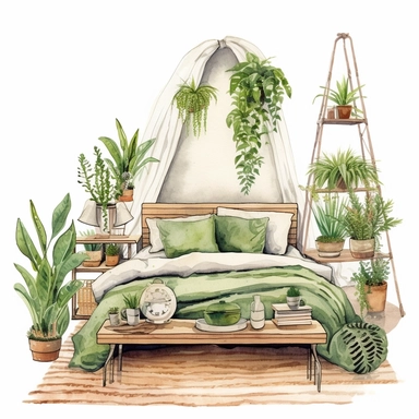 A boho style home bed room with watercolor effect, boho style tools, boho style details, boho colors, suitable for digital clipart, white background, boho style green plants, boho flowers