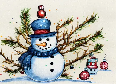 happy snowman,Christmas tree, snowflake ,clipart, watercolor painting