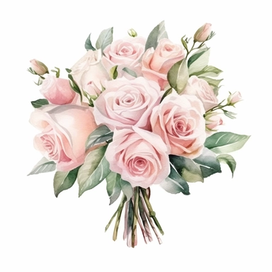 Isolated on a white background, in a feminine style that is populair on Etsy, pink roses bridal bouquet, high resolution, highly detailed, watercolor clipart illustration, soft pastel color theme, baby pink