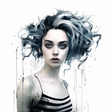 Beautiful pretty young woman tim Burton films style, paint art style, detail, clipart, white background, superrealistic, one of a kind
