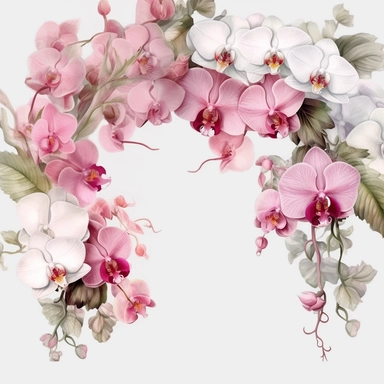 (((realistic))) elegant, moody, soft, serene ((heavily diluted watercolor floral border)), ((abundant white orchid and pink roses field)) Spring wedding Clipart, with (((solid white visible background))) ar--16:9