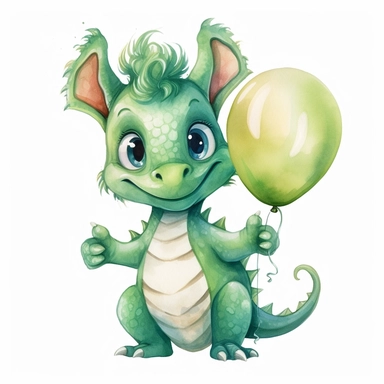 watercolor cute dragon clipart, adorable, big eyes, japan anime style, green, smiling, with balloon, one tail only, on white background