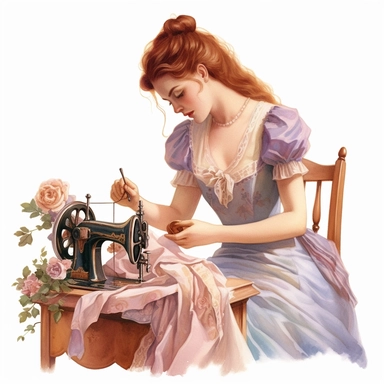 the victorian lady using a sewing machine to a dress clipart, in the style of victorian-inspired hyperrealistic illustrations, historical illustration, childlike illustration, stylish costume design, romantic illustrations, emotive colors, pastel flowers, victorian vintage color palette on her, cute and dreamy, realistic watercolors, realistic depictions of human form, white background