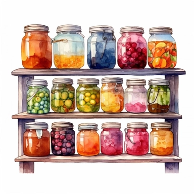 watercolor, hyper realistic, white background, white margins, 16k, ultra detailed clipart, cut out image, hand-drawn a kitchen window with shelves holding jars of homemade preserves and jams. in the style of colorful ink wash paintings, charming character illustrations, piles/stacks, creative commons attribution, digital painting, barroco