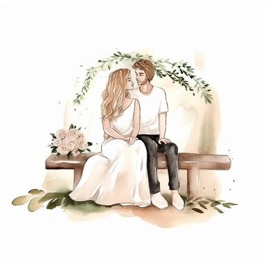 Watercolor wedding couple sitting on wooden beanch, woman with curly dark hair and white wedding dress, man with blonde hair, clipart, delicate, minimalistic , decorated with few beige peonies around, minimalism, white background, subtle, boho vibes, boho theme