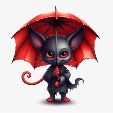 Cute Adorable magical little Devil with black wings holds a umbrella in his hand and wears a raincape and stand in the rain on a country road, clipart, photorealistic illustration, watercolor, high detail, 8k polished, 8k, vibrant colors, sticker, majestic, die cut, Black and Red color, white background