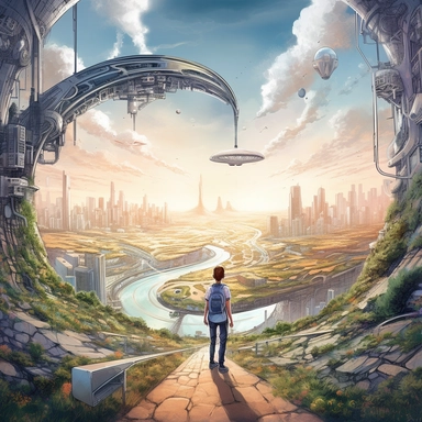 A cartoon of a A captivating scene that embodies the essence of a mid-journey moment, with a blend of technology and nature. In the foreground, a traveler stands at a fork in a winding path, symbolizing the choices and changes encountered in life's journey. The traveler gazes into the distance, where a large, futuristic cityscape rises, representing the powerful influence of AI and technology in the modern world. To the left of the traveler, a serene forest represents the more traditional aspect