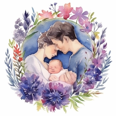 Compose a heartwarming hand-drawn watercolor clip art image portraying a family gift niche with birth flowers representing a family of three. Customize the image by selecting birth flowers for each family member: a February baby (Violet), a July baby (Larkspur), and a September baby (Aster). Add whimsical elements such as butterflies, birds, or even a small family pet to create a sense of joy and playfulness within the artwork.