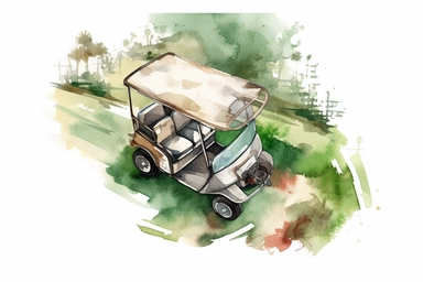 watercolor, Birdseye view of golf cart on the golf course clipart, HD, on white background, spaced out