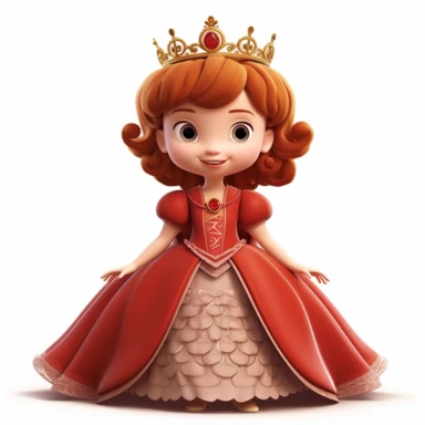 pixar style little princess clipart, red tone colors, big eyes, smiling, lovely, adorable, full body, on white background