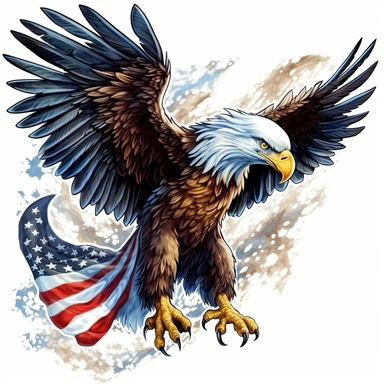 Eagle spread their wings and their feet pounce clipart, and and the American flag blends in with the eagle's feathers, watercolor Illustration clipart, 4K, extremely detailed Sublimation Clipart,Cartoon,hyper realistic, intricate detail, illustration style,high solution,on the white background