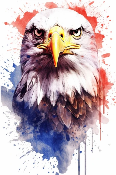 Watercolor American eagle, American Flag, Stars and Stripes, double exposure, integrated, red white and blue, unreal engine, splashed, clipart, white background