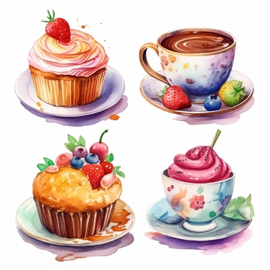 Watercolor style, rainbow colour, cake, pie, coffee, donuts and florals variations, hyper realistic detailed clipart, 4 on a page, on a white background