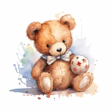 draw charming watercolor illustrations of a teddy bear, the same character in different situations siting watercolor, single object, watercolor illustration, cartoon clipart, white background for removing background