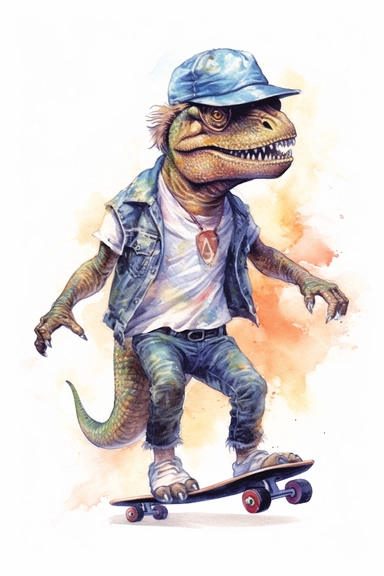 watercolour gangster dinosaurs on skateboards clipart, white background,
