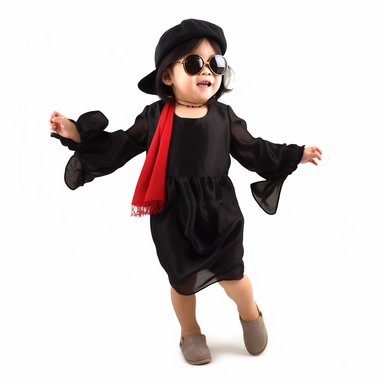 Singer Yoko Ono as a 2 year old toddler, wearing a classic black satin chanel dress, red shoes, red velvet bowler hat, gold silk scarf, dancing, irradiant facial expression, plain white background, clipart