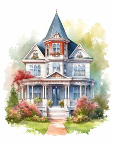 Watercolor clipart huge victorian house with conical roof, with lush garden, realistic, isolated on white background