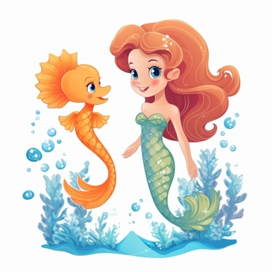 cute sea horses swimming alongside mermaid, clipart, cartoon style, white background