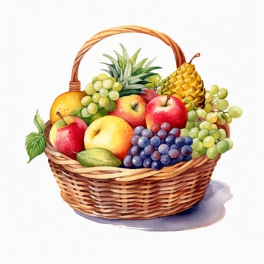 one basket fruit watercolor clipart on white Background, in the style of elaborate fruit arrangements, realistic landscapes with soft, tonal colors, colorful pixel-art, extravagant table settings, wimmelbilder, nature scenes, tightly cropped compositions , no watermark, text, words, paintbrush, 300 DPI , typography, the images do not stick together, no text in the picture, there are no words in the tree