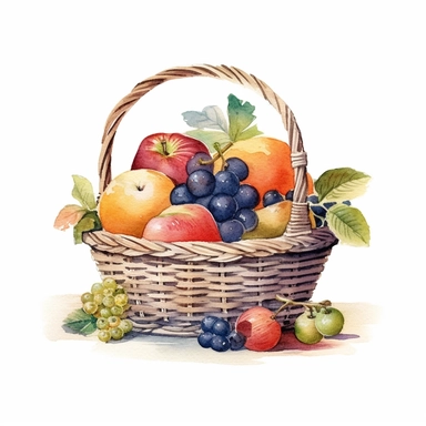 vintage basket full of summer fruit, watercolor, clip art, white background
