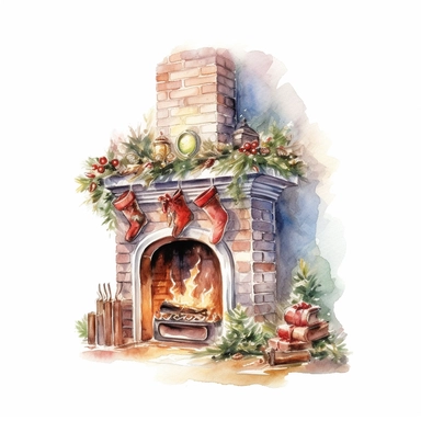 watercolor style, beautifully decorated christmas fireplace with slightly visible part of the wall behind it clipart, isolated on white background, 4K