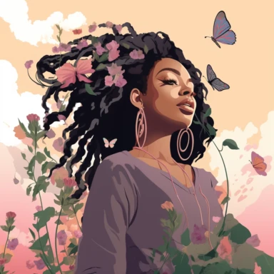 llustration of black woman, with locs, surrounded by flowers, boho modern aesthetic, cottagecore, avacadopunk, florals, soft pastel tones, wearing nikes, flawless and clean line work, flat, low detail, clipart, white background